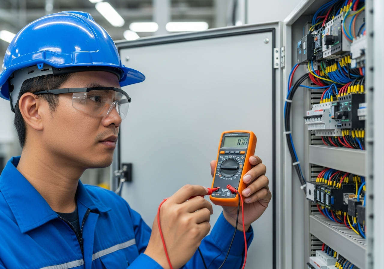 Professional technician inspecting panel